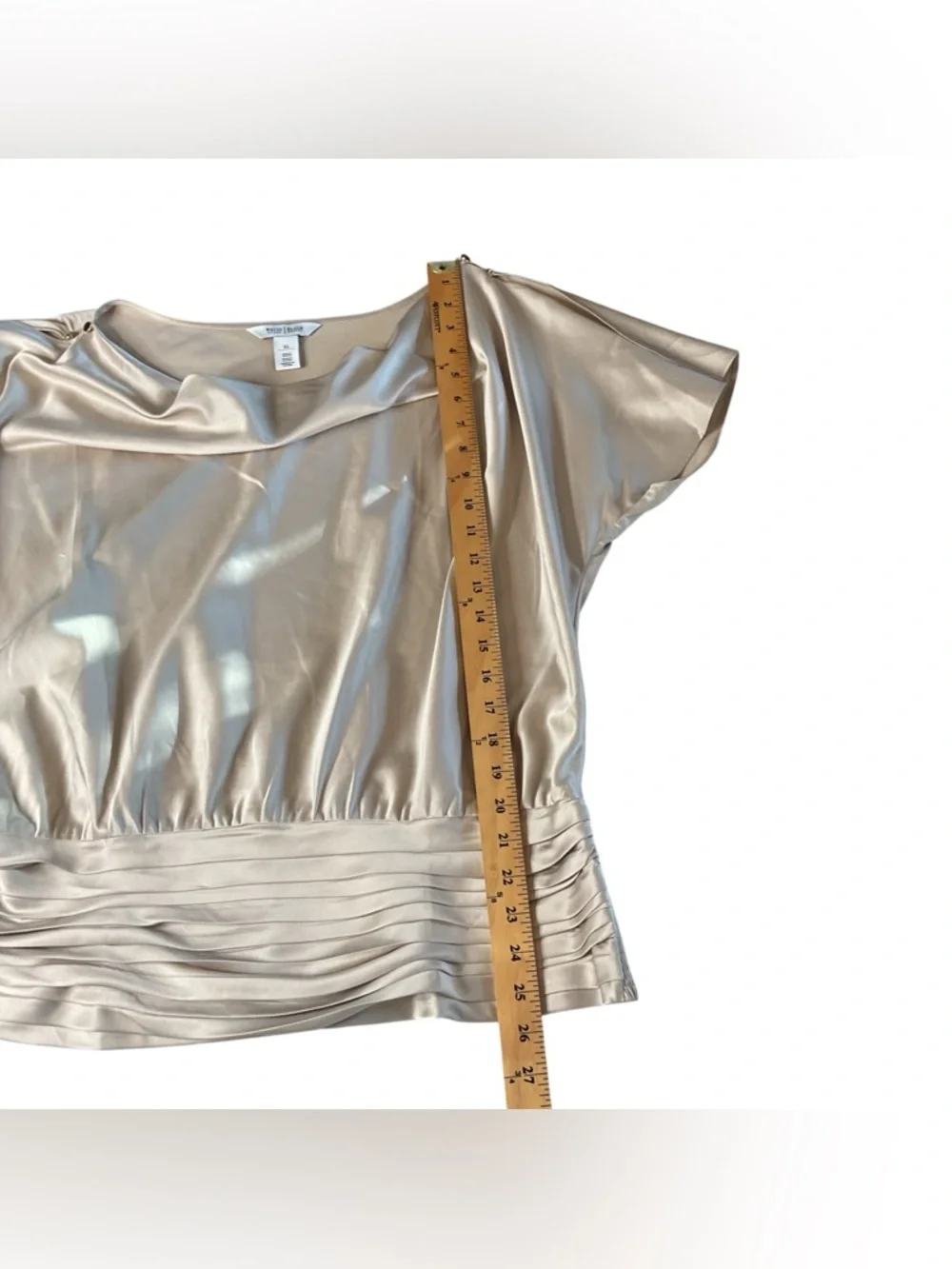 White House Black Market Satin Drape-Neck Blouse in Champagne XL - Picture 5 of 9